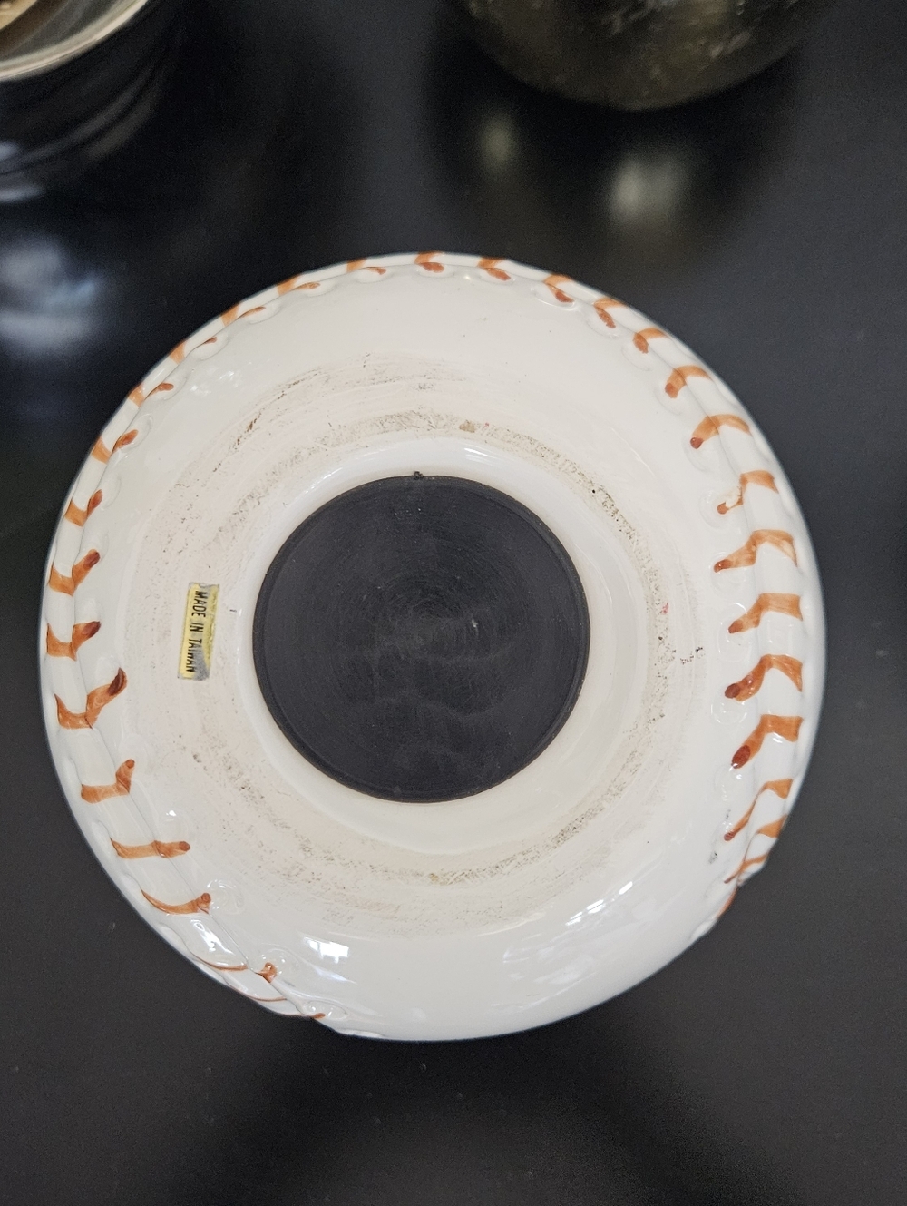 Vintage White Ceramic Baseball Money Bank with Orange Stitching Great Condition - Picture 3 of 4